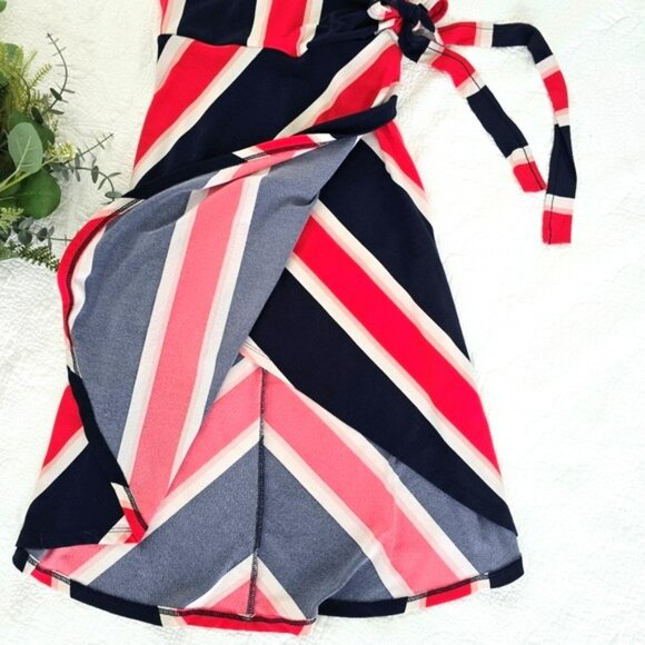 Express Women's Faux Mini Wrap Dress Size Small Navy Blue Red White Sleeveless - Picture 3 of 14